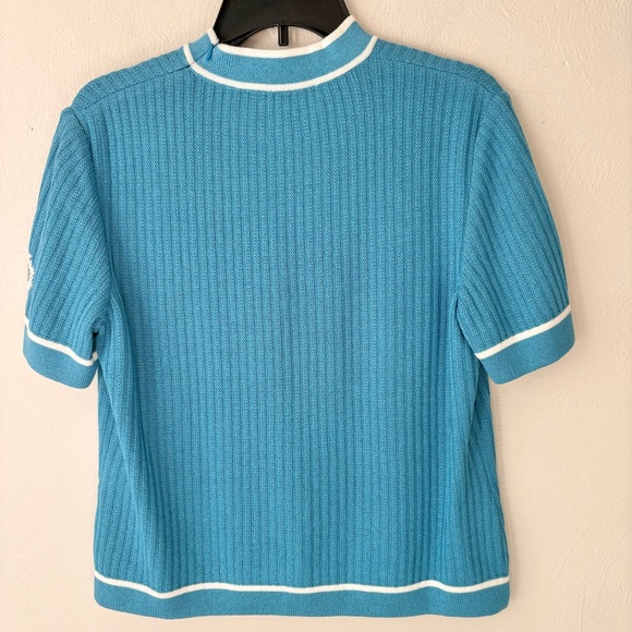 St John Sport Light Blue Mock Neck Ribbed Short Sleeve Sweater - Picture 7 of 8